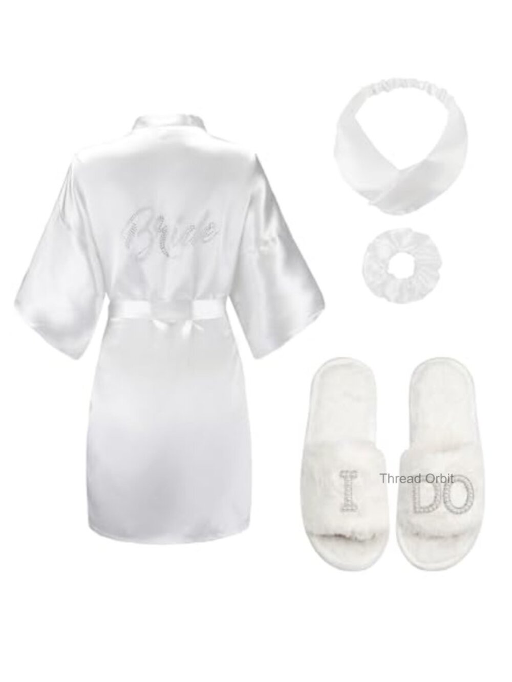 Bride Robe Set Wedding Day Kimono Plush Slippers Satin Headband Scrunchie